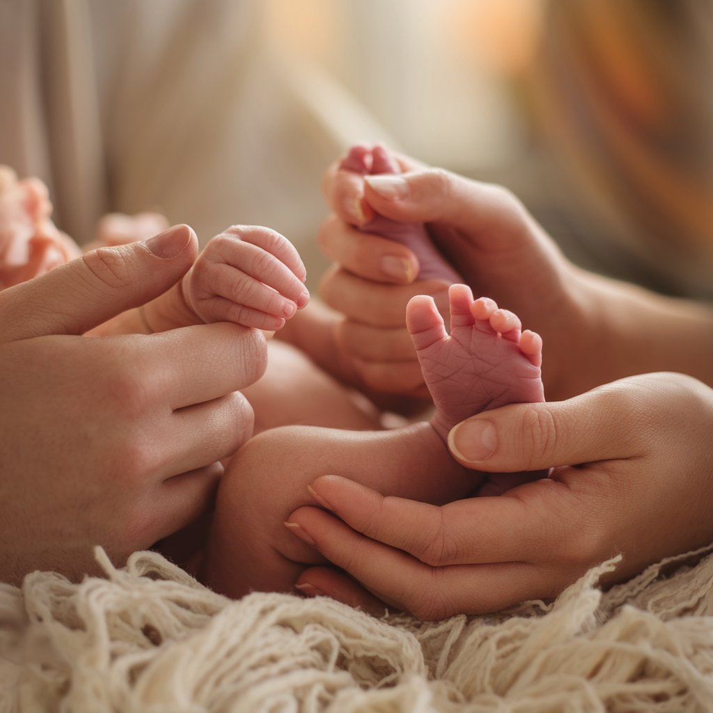 Newborn photoshoot with parents with hand toes